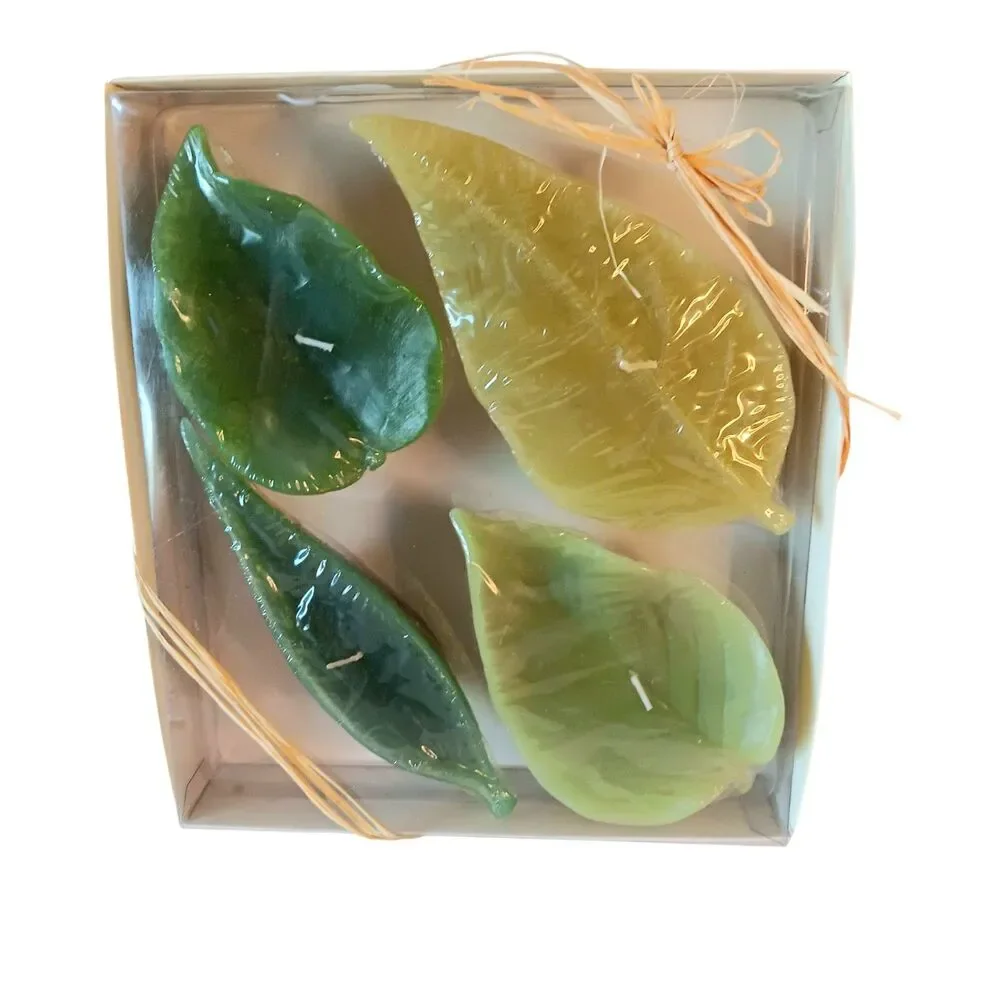 Pottery Barn Green Tropical Leaf Candles Set of Four New In Box Spring Summer